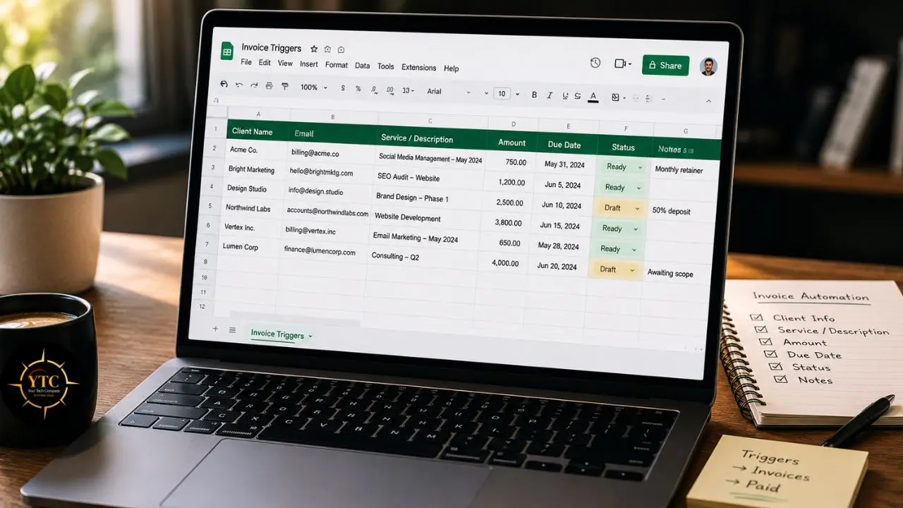 Laptop displaying a Google Sheets document titled "Invoice Triggers" next to a coffee mug, notepad outlining "Invoice Automation," and sticky notes on a wooden desk.