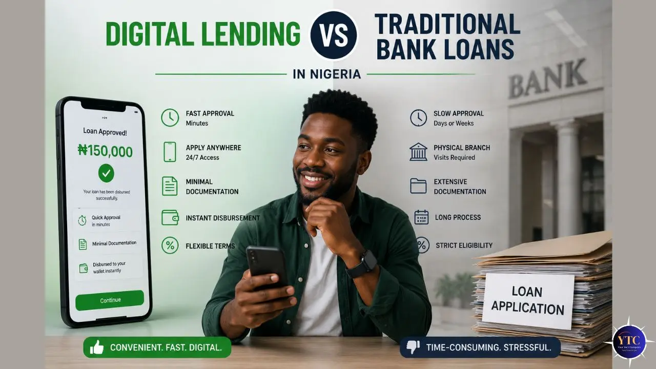The image contrasts digital lending and traditional bank loans in Nigeria. A smiling man holds a phone beside a digital loan approval screen, highlighting fast, easy access. On the right, a bank setting with loan paperwork suggests the slow, complex nature of traditional loans. The tone emphasizes convenience versus time-consuming stress.