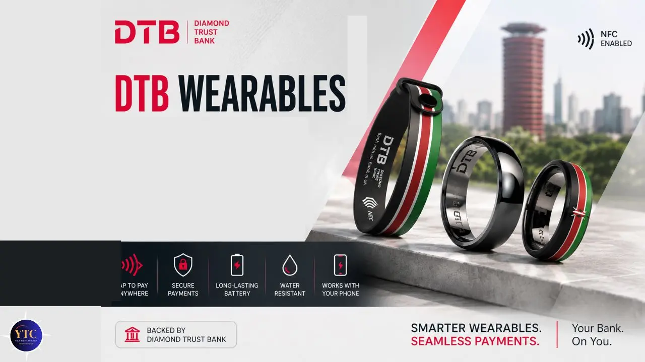 Advertisement for DTB Wearables by Diamond Trust Bank featuring NFC-enabled keychain and rings on a ledge, with a cityscape in the background. Icons highlight features like secure payments and water resistance, emphasising seamless integration with your phone.