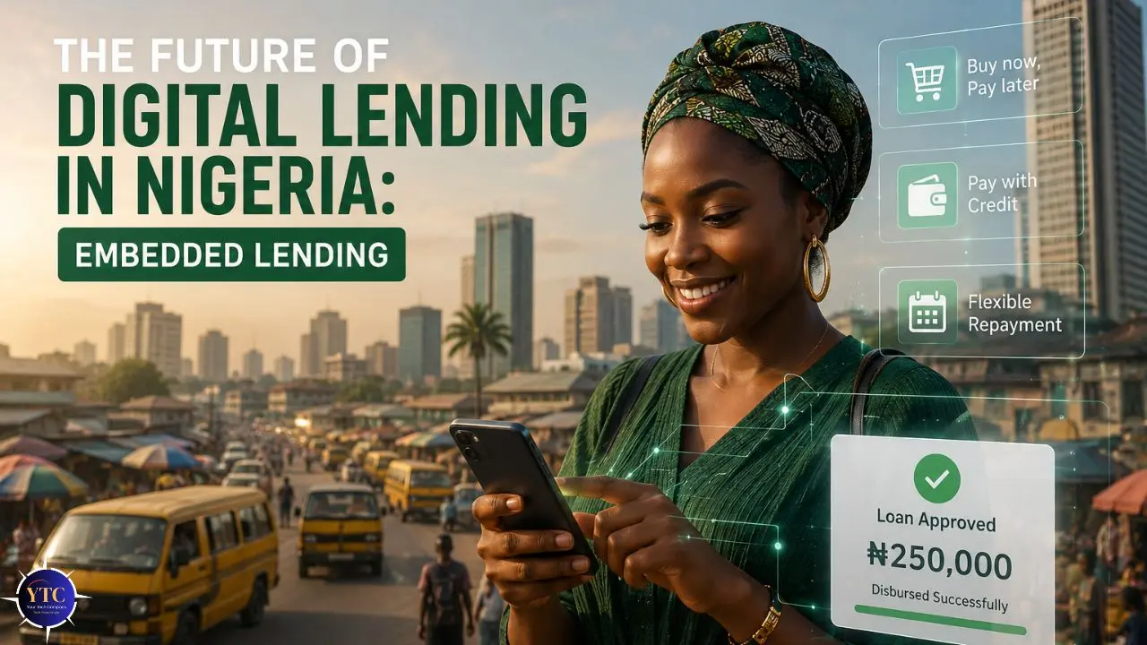 A woman in a green headscarf and dress smiles at her smartphone in a bustling Nigerian city. Text highlights digital lending features like "Buy now, Pay later" and "Flexible Repayment."