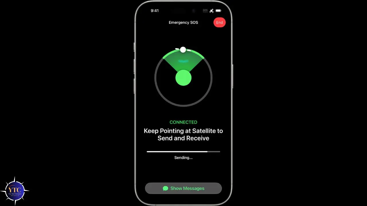 Smartphone screen displaying an Emergency SOS feature, showing a green radar-like graphic, sending status, and instructions to connect with a satellite.