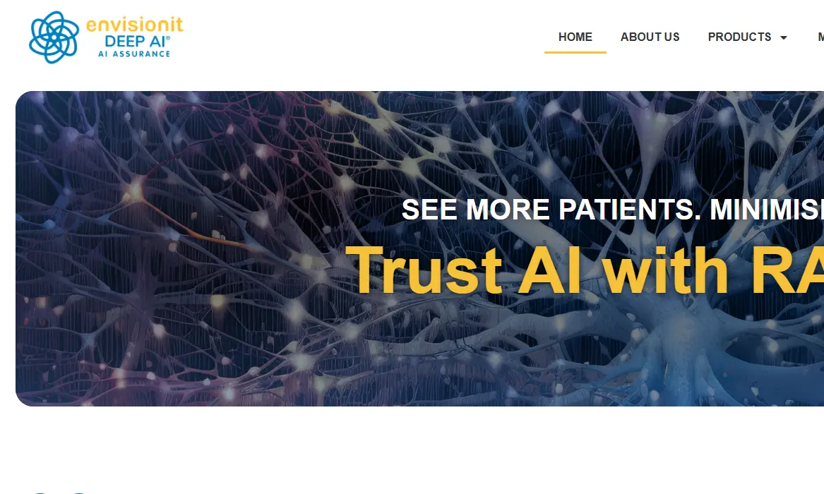 Website banner with a network of colorful neurons as a background. Large text reads 'Trust AI with RAD' and 'See more patients. Minimise risks.' The logo for 'Envisionit DEEP AI' is in the top left corner. The menu includes links to Home, About Us, and Products, indicating a professional and innovative tone.