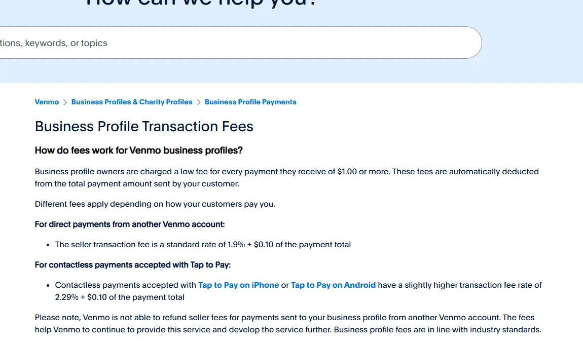 Screenshot of a Venmo help page detailing business profile transaction fees. It explains fees for direct and contactless payments, including specific rates.