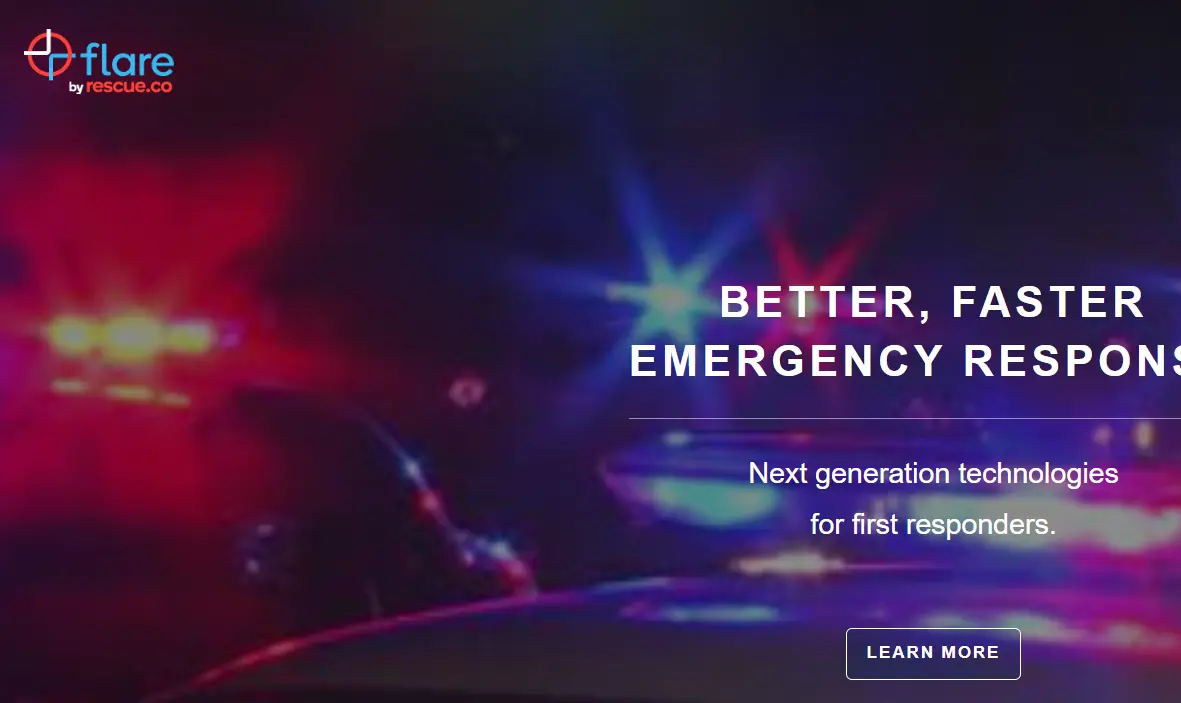 Blurred red and blue emergency lights flash in the background. Text reads "Better, Faster Emergency Response" and "Next generation technologies for first responders."