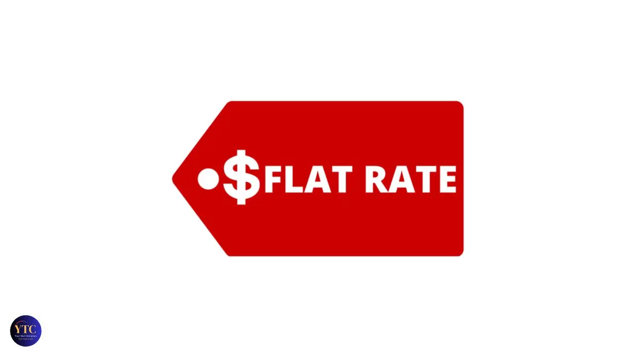 Red price tag with a dollar sign and the words "Flat Rate" in white, conveying a straightforward pricing message. Simple and bold design.