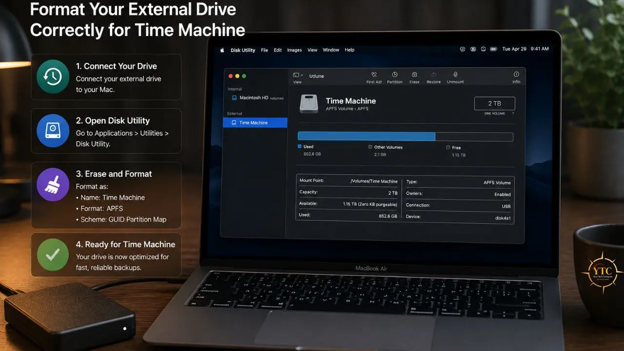 Tutorial graphic showing four steps to format an external drive for Time Machine on a MacBook Air displaying the Disk Utility application.