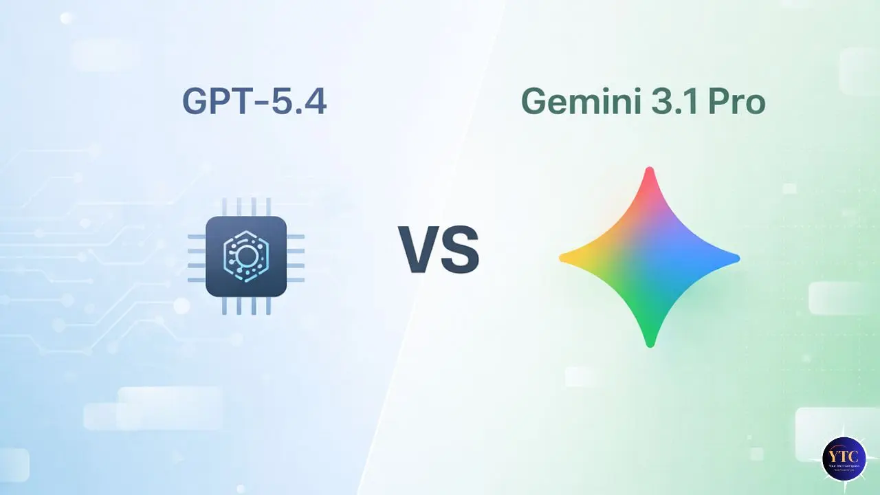 Comparison image featuring GPT-5.4 with a microchip icon on the left and Gemini 3.1 Pro with a colorful star logo on the right, separated by "VS."