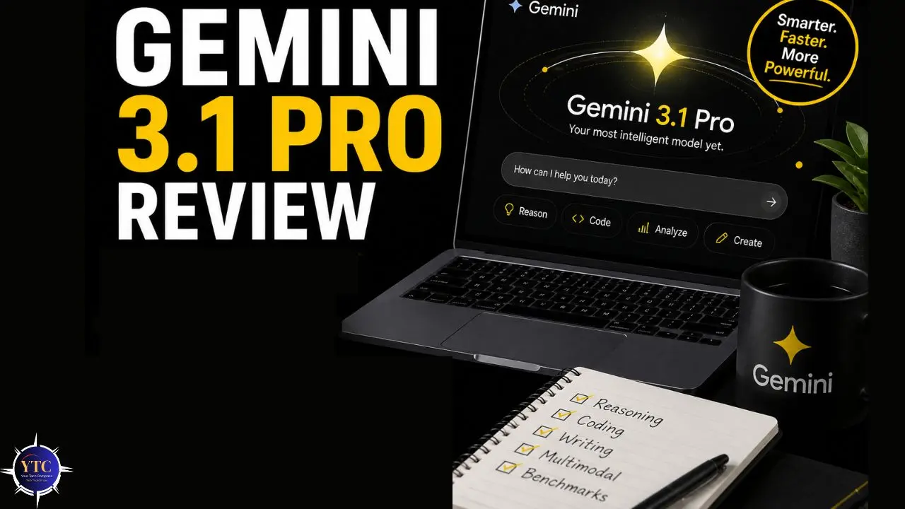 Laptop displaying the Gemini 3.1 Pro interface with a notebook and mug beside it. Bold text reads "Gemini 3.1 Pro Review." Tone: informative, sleek.
