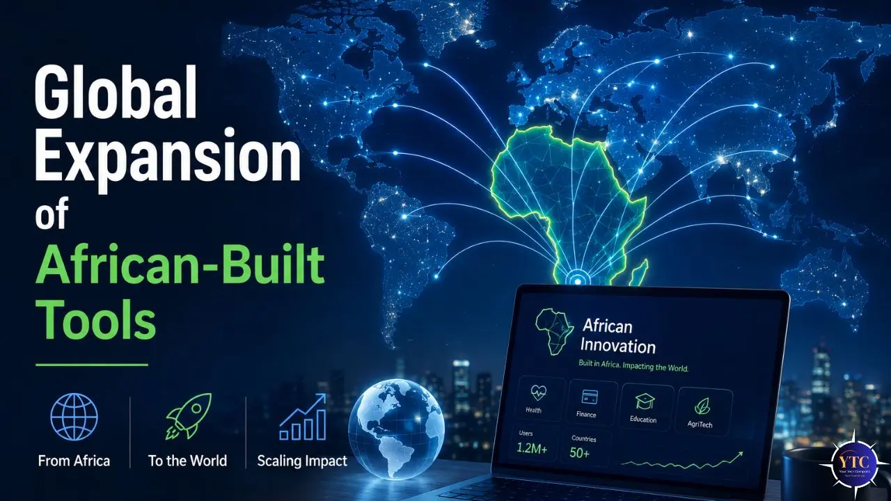 Digital graphic titled 'Global Expansion of African-Built Tools' featuring a glowing world map with digital lines connecting from Africa. A laptop displays 'African Innovation' with icons for health, finance, education, and agritech. Keywords at the bottom read 'From Africa,' 'To the World,' and 'Scaling Impact.' Atmosphere is futuristic and inspiring.
