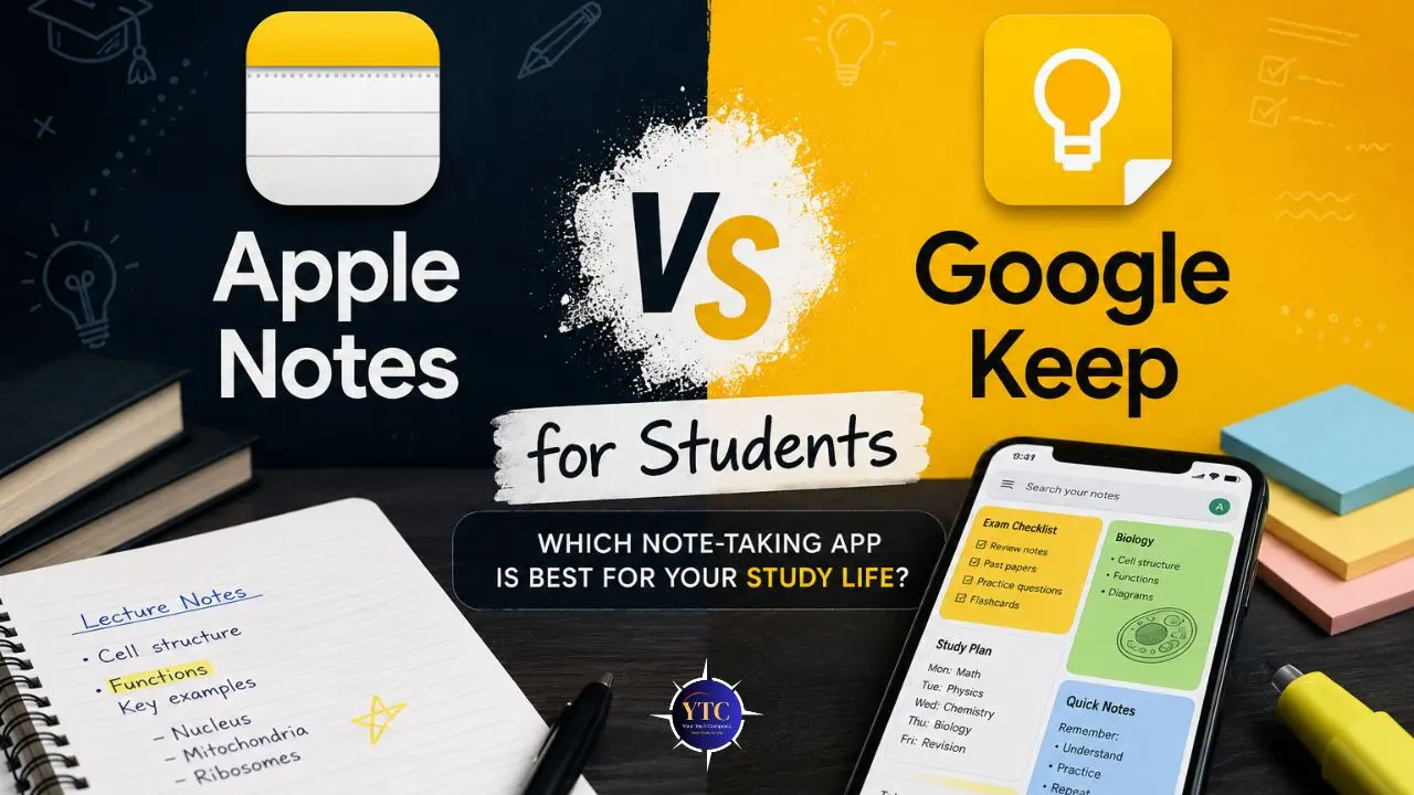 Image comparing Apple Notes and Google Keep for students. Apple Notes icon on left with handwritten notes. Google Keep icon on right beside phone displaying app. Text reads: 'Which note-taking app is best for your study life?' The tone is informative and studious.