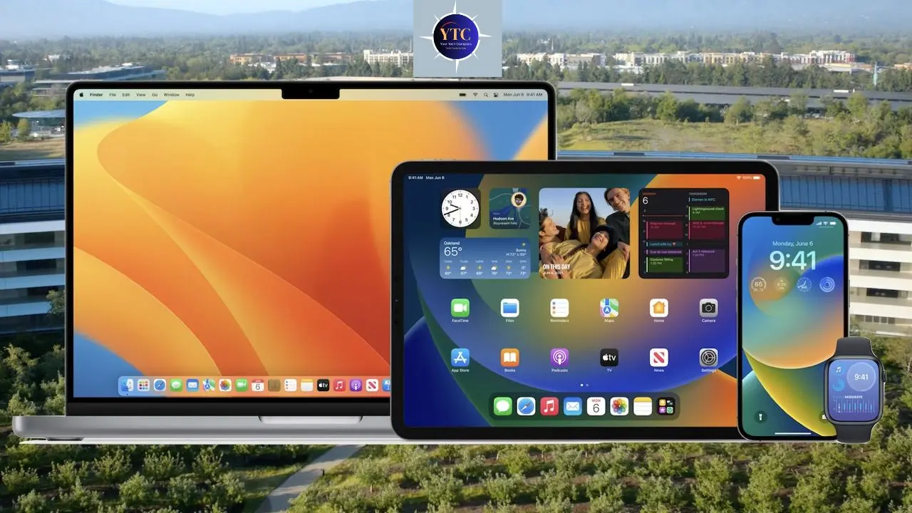 Array of Apple devices including a MacBook, iPad, iPhone, and Apple Watch displaying vibrant home screens, set against a scenic, modern building backdrop.
