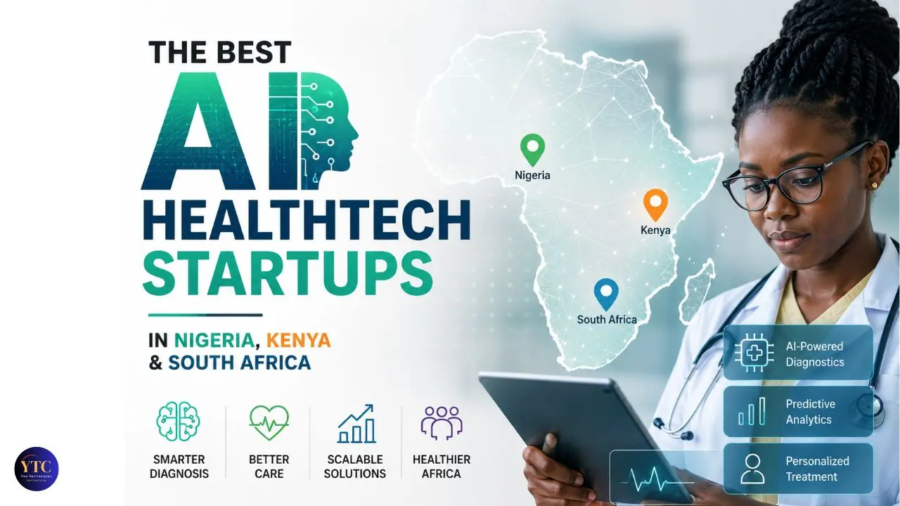 Image promoting AI healthtech startups in Nigeria, Kenya, and South Africa. A female doctor with a tablet is on the right, overlaid on a map of Africa highlighting the three countries. Icons below represent smarter diagnosis, better care, scalable solutions, and a healthier Africa. Emphasises AI-powered diagnostics, predictive analytics, and personalised treatment.