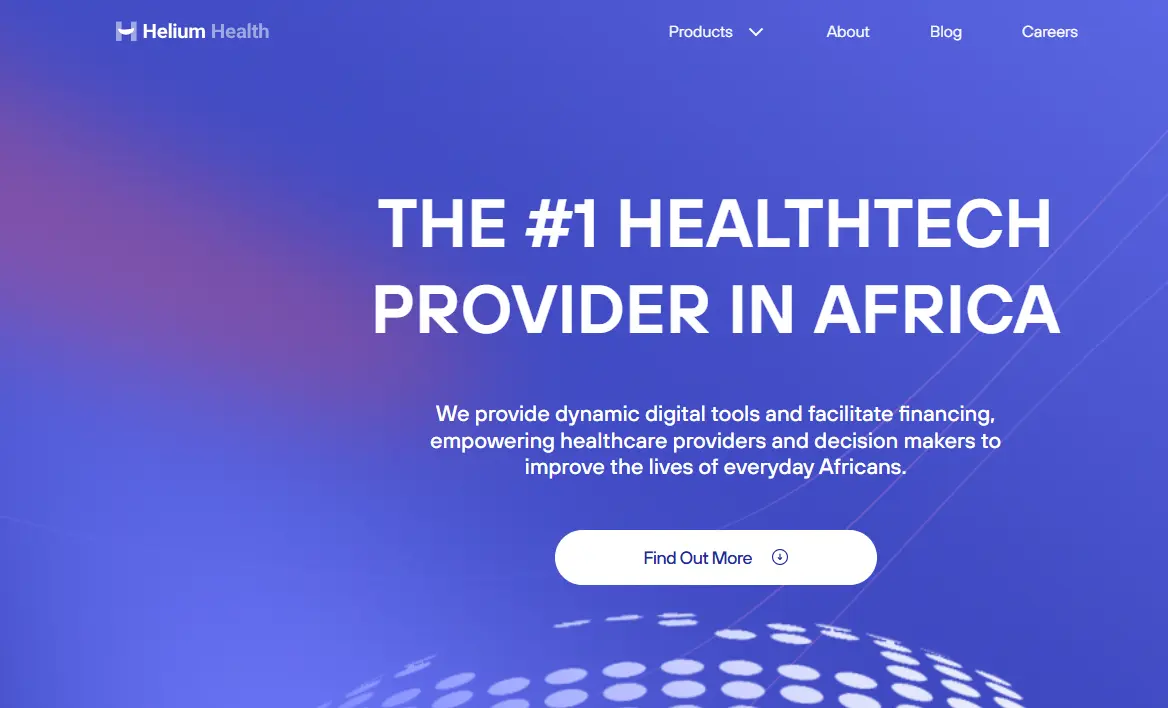 Helium Health website homepage with blue gradient background. Bold text reads '#1 HealthTech Provider in Africa.' A button below says 'Find Out More.' Menu options are at the top. The tone is professional and empowering.