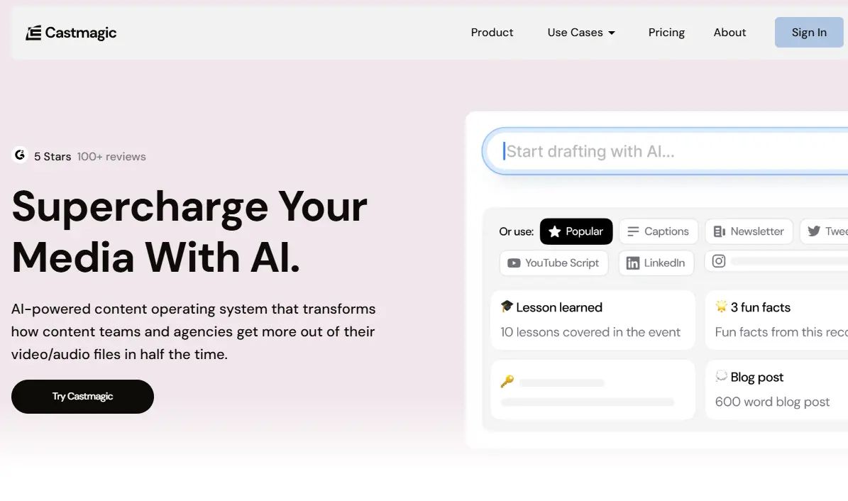 Website interface for Castmagic, featuring promotional text: 'Supercharge Your Media With AI.' Offers AI tools for content creation. Soft pastel design with user options like captions, newsletters, and blog posts.