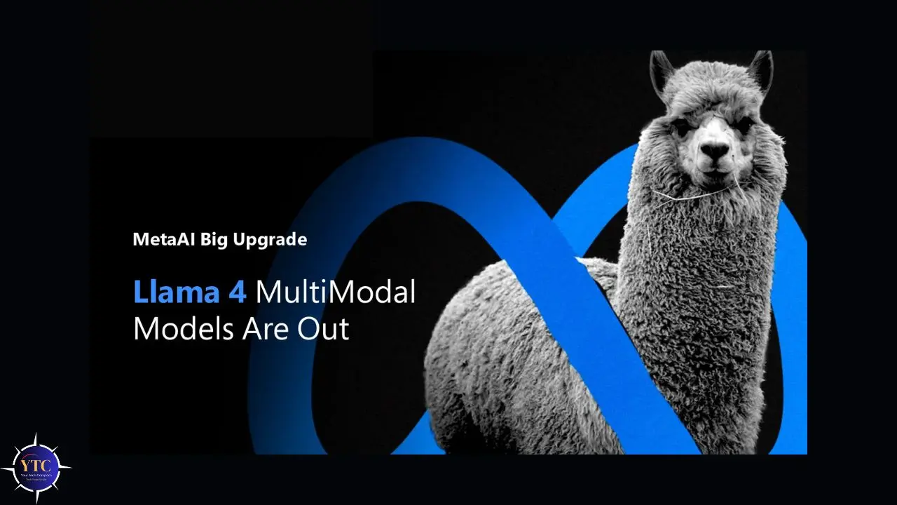 Image features a llama against a dark background with a blue ribbon pattern. Text reads 'MetaAI Big Upgrade: Llama 4 MultiModal Models Are Out.' The tone is innovative and futuristic.