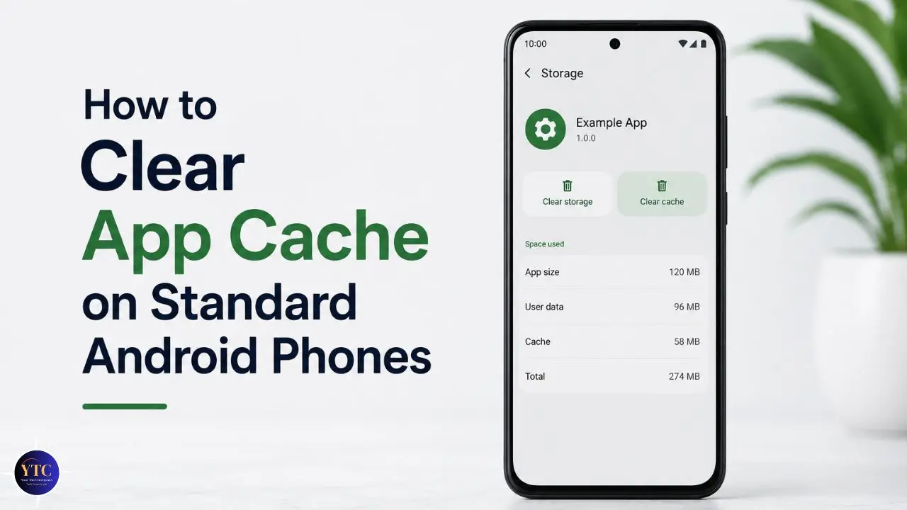 Smartphone screen showing app storage settings with options to clear cache and storage. Text reads 'How to Clear App Cache on Standard Android Phones.'