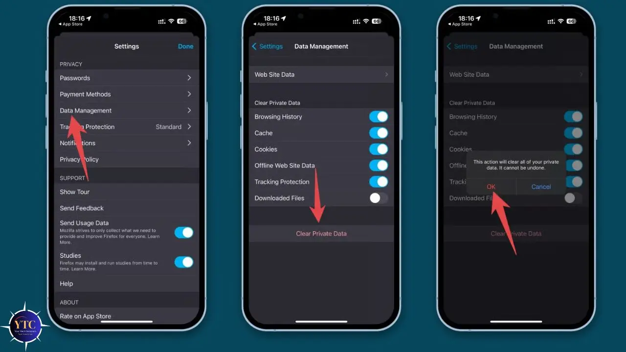 Three smartphone screens display a data management process in the settings. Arrows highlight sequential steps to clear private data, conveying a task-focused tone.