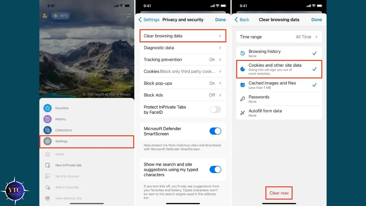 Mobile interface showing steps to clear browsing data. Three screens highlight "Settings", "Clear browsing data", and selecting data types to clear.