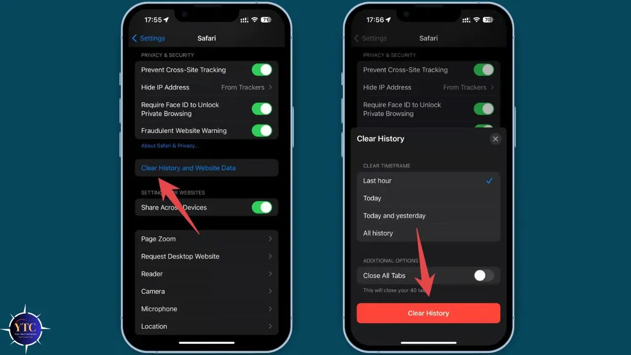 Two smartphone screens show Safari settings. The left screen highlights "Clear History and Website Data." The right shows a menu for clearing history with a "Clear History" button.