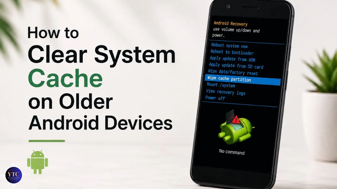 Smartphone on a table shows Android recovery mode options, highlighting "Wipe cache partition." Text reads "How to Clear System Cache on Older Android Devices."