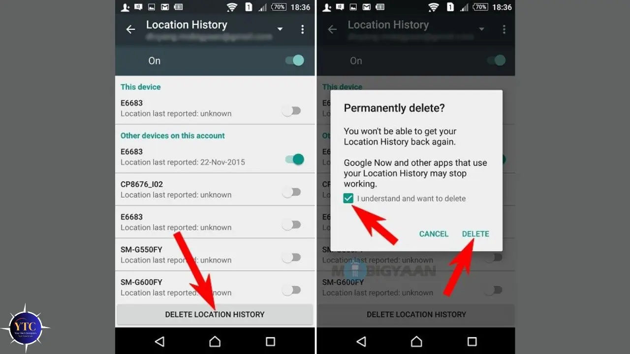 Two screenshots display a mobile settings menu. The left shows "Location History" settings with toggle switches for multiple devices. The right shows a confirmation pop-up asking to permanently delete location history, with "Cancel" and "Delete" options highlighted with red arrows.