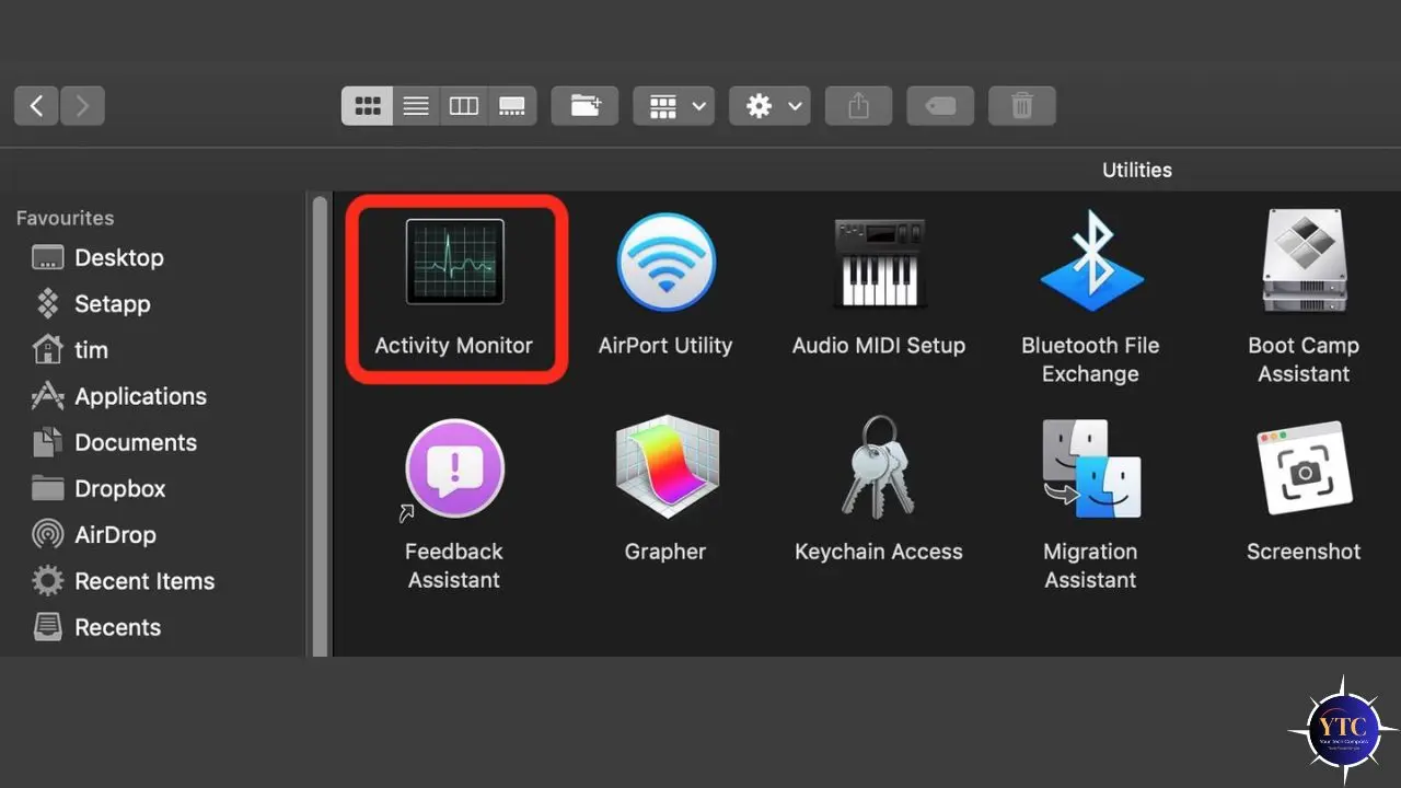 A Mac Utilities folder is shown with the Activity Monitor icon highlighted in red. Other icons include AirPort Utility, Audio MIDI Setup, and more.