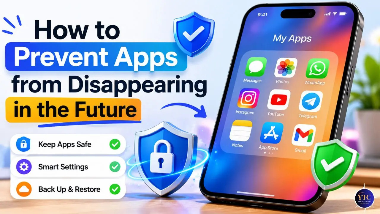 Vibrant smartphone screen displaying various app icons, titled 'My Apps'. Bold text: 'How to Prevent Apps from Disappearing in the Future'. Blue and green shield icons with checkmarks signify security and protection. Features listed: Keep Apps Safe, Smart Settings, Back Up & Restore, all with checkmarks. Bright, secure atmosphere suggested.