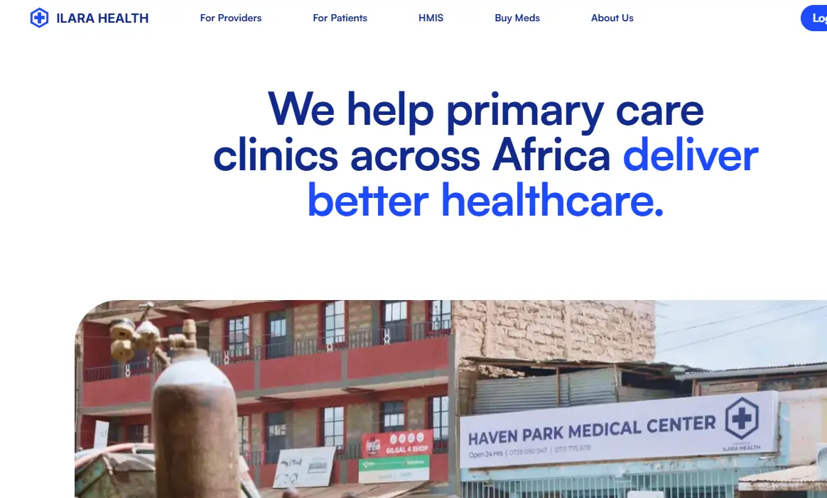 Ilara Health webpage with text stating 'We help primary care clinics across Africa deliver better healthcare' above an image of a medical centre.
