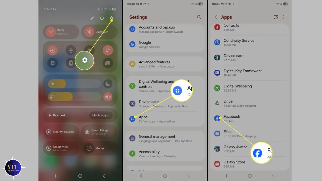 Image showing three smartphone screens: the first screen displays quick settings with a highlighted gear icon for settings. The second shows the Settings menu focused on “Apps.” The third screen highlights "Facebook" in the Apps list.