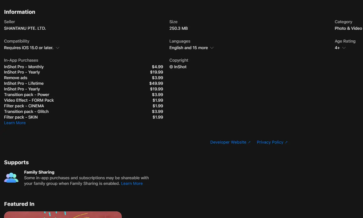 App information screen showing details for InShot. Includes seller, size, compatibility, in-app purchases, family sharing, and support info.