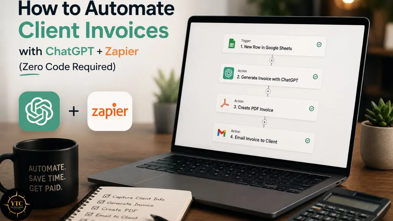 Graphic illustrating a four-step automation workflow on a laptop screen to create and email client invoices using ChatGPT and Zapier, positioned next to a coffee mug and notepad.