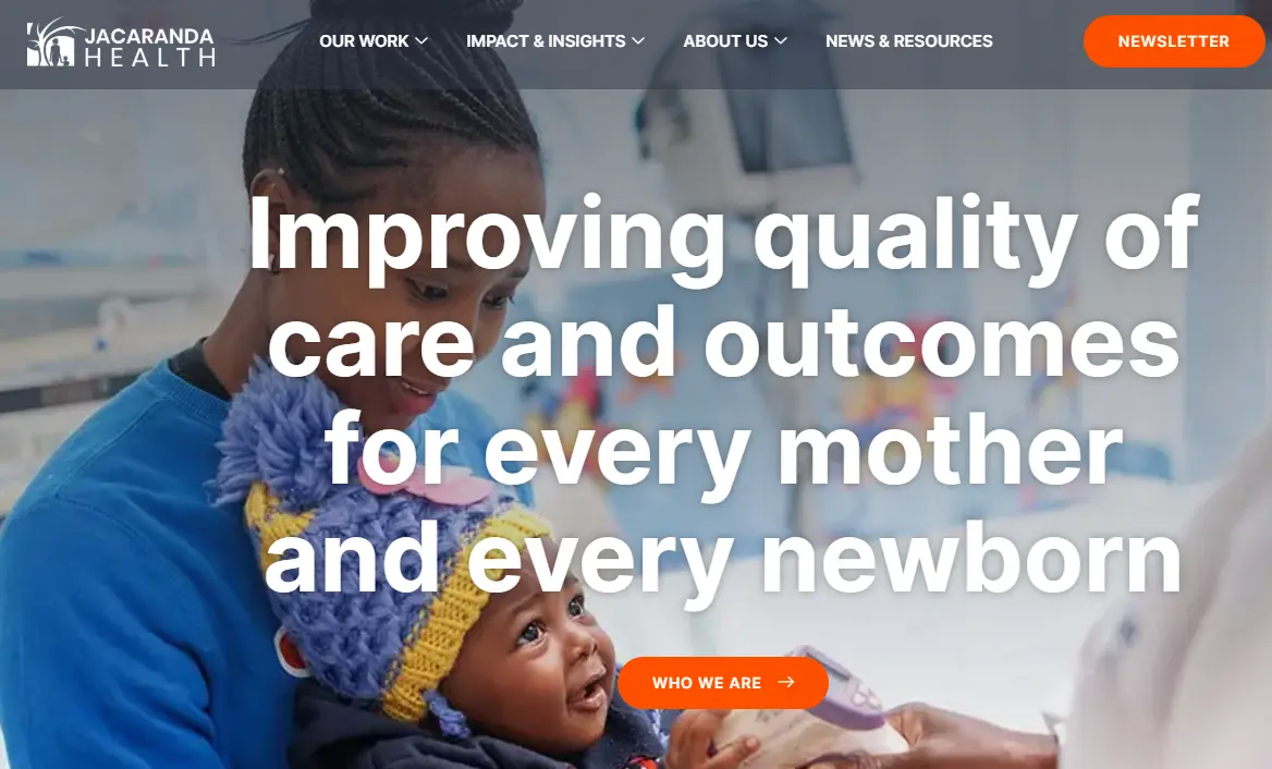 A mother, smiling, holds her newborn wrapped in colorful clothing. Text overlays: "Improving quality of care and outcomes for every mother and every newborn." The tone is optimistic and caring.