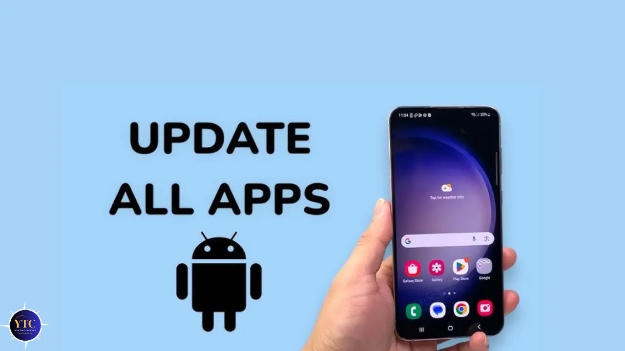 Hand holding a smartphone with app icons, alongside text saying "Update All Apps" and an Android logo on a blue background, conveying a tech update theme.