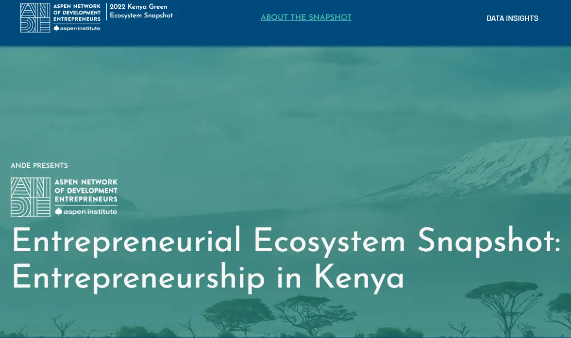 A webpage header titled 'Entrepreneurial Ecosystem Snapshot: Entrepreneurship in Kenya.' Features the logo of the Aspen Network of Development Entrepreneurs. Background shows a serene landscape with trees and distant mountains under a cloudy sky.
