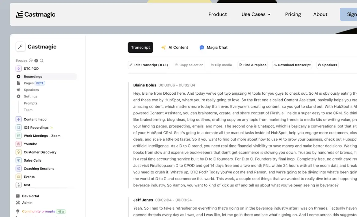 Screenshot of the Castmagic dashboard with a transcript in view. The interface shows options like 'Transcript,' 'AI Content,' and 'Magic Chat' at the top. The left sidebar contains sections such as 'Recordings,' 'Speakers,' and 'Settings.' The main panel displays a transcript from speakers Blaine Bolus and Jeff Jones, highlighting text editing features. The design is sleek and professional, conveying a focus on productivity and content management.