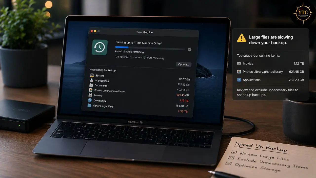MacBook Air displaying the Time Machine backup screen indicating slow backup due to large files, next to a notepad listing backup speedup tasks.