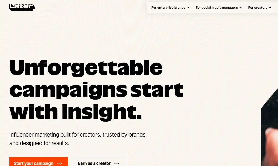 Website homepage with bold text stating 'Unforgettable campaigns start with insight.' Highlights influencer marketing and offers options for enterprise brands, social media managers, and creators. Features a modern, professional design with a focus on building impactful campaigns.