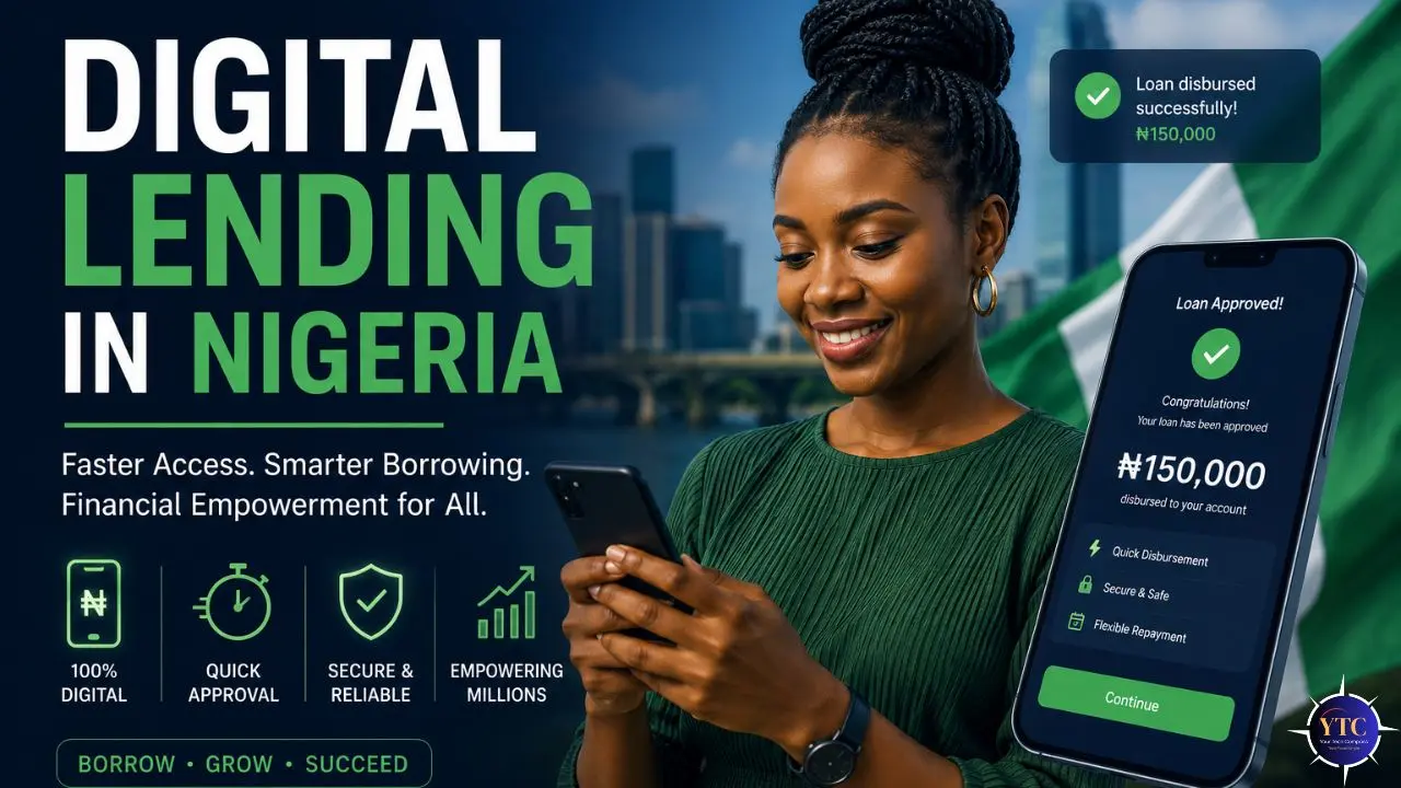 Smiling woman in front of a cityscape holds a phone displaying a loan approval. Text highlights digital lending benefits in Nigeria, like quick approval.