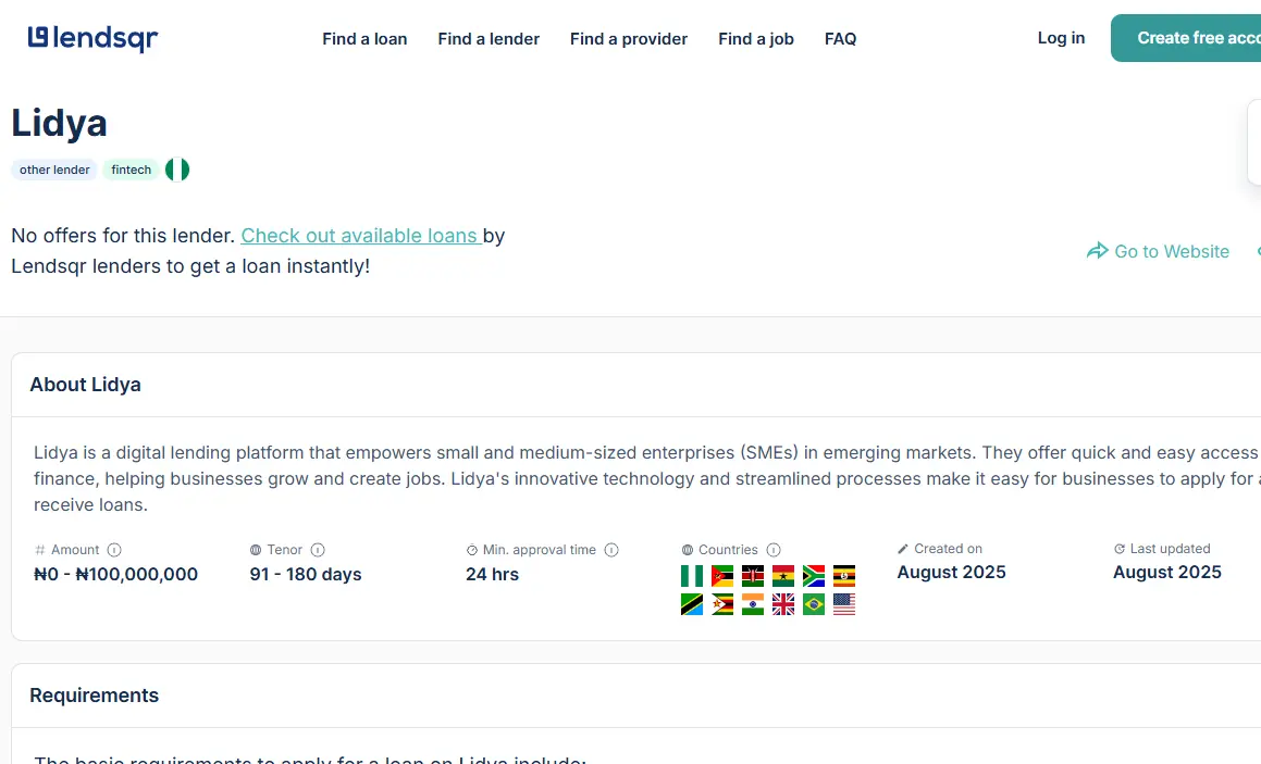 Lendsqr webpage for Lidya, a digital lending platform for SMEs. Describes quick loan access features and offers, usable in multiple countries.