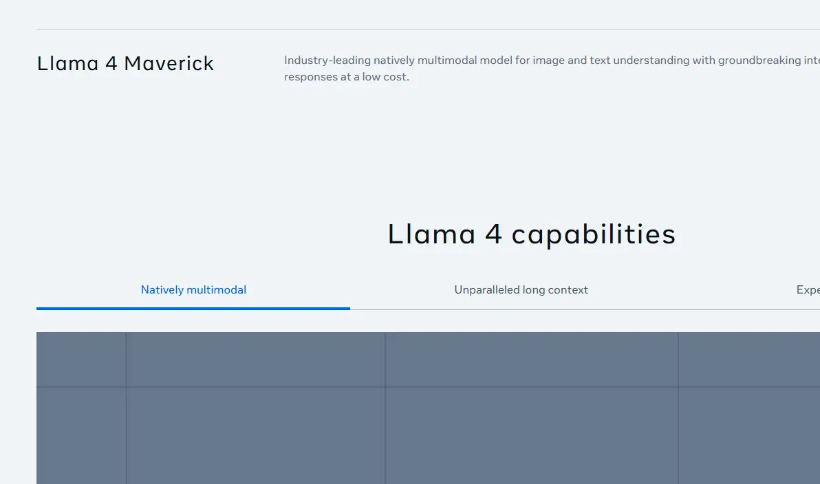Screenshot of a webpage titled 'Llama 4 Maverick' highlighting its multimodal capabilities. Sections include 'Natively multimodal' with a focus on image and text understanding. The overall design is minimalistic with a professional tone.
