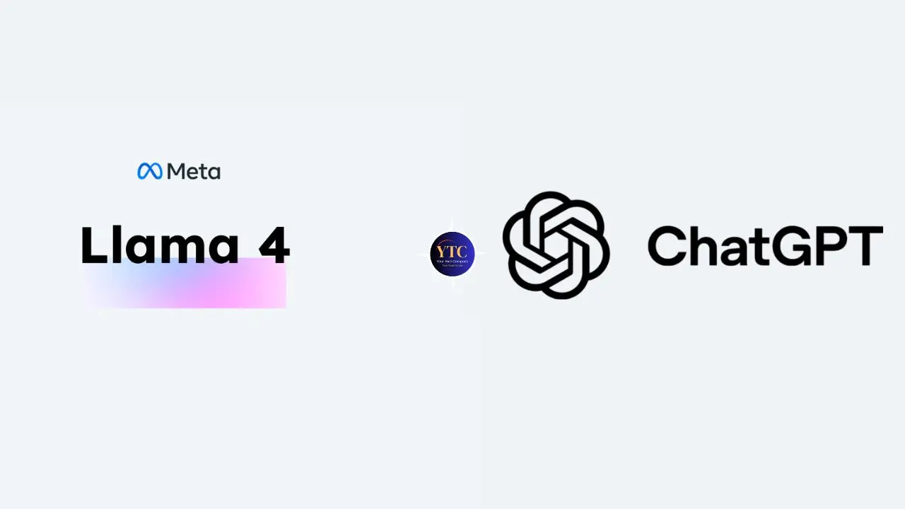 Logos for "Llama 4" by Meta and "ChatGPT." Llama 4 is in gradient text with Meta's logo, while ChatGPT has a distinct knot logo. Clean, modern design.