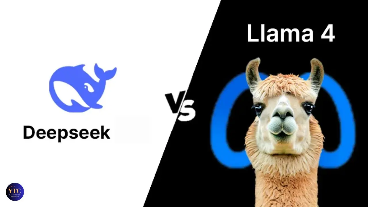 Split image; left side has a white background with a blue whale logo and text "Deepseek." Right side shows a llama and text "Llama 4" on a black background.