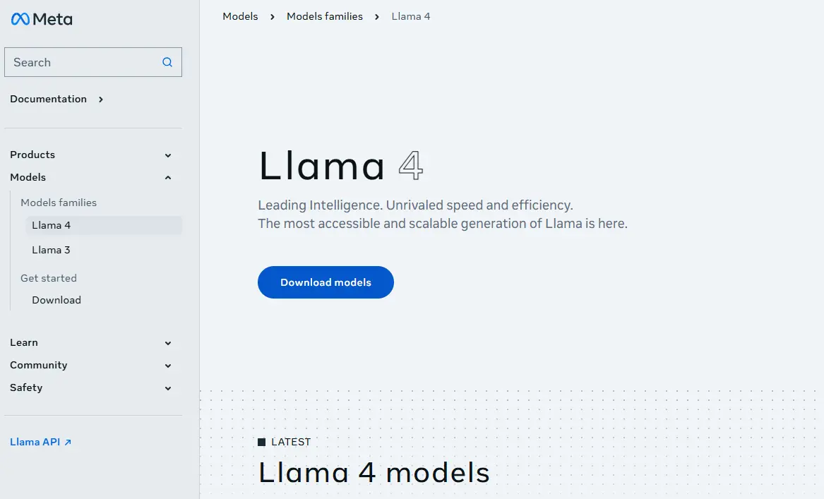Meta webpage for Llama 4 models. Features a sidebar with navigation links and a central section highlighting Llama 4's speed and efficiency.