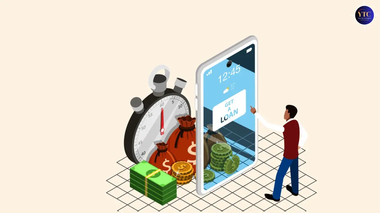 Illustration of a man interacting with a large smartphone displaying "Get a Loan." Nearby are money bags, coins, a stack of cash, and a stopwatch.
