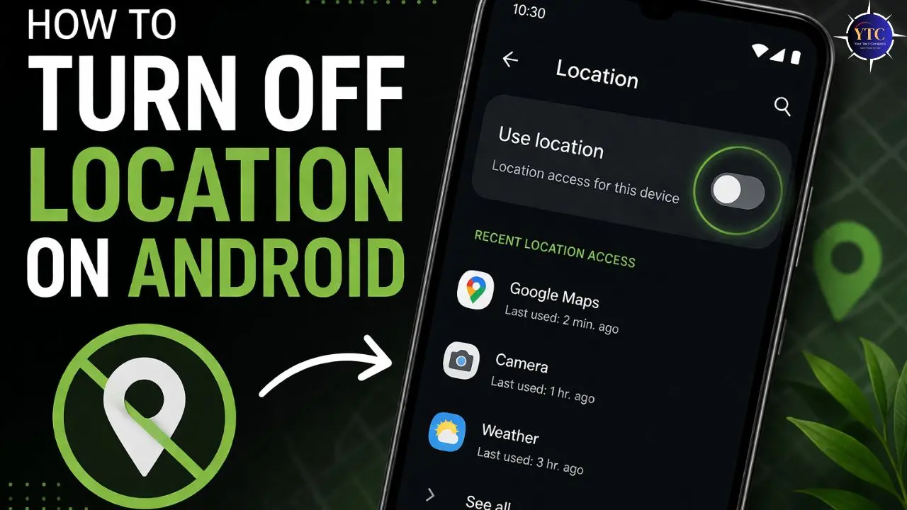 Instructions on how to turn off location on Android. Image shows phone screen with location switch off and apps accessing location.