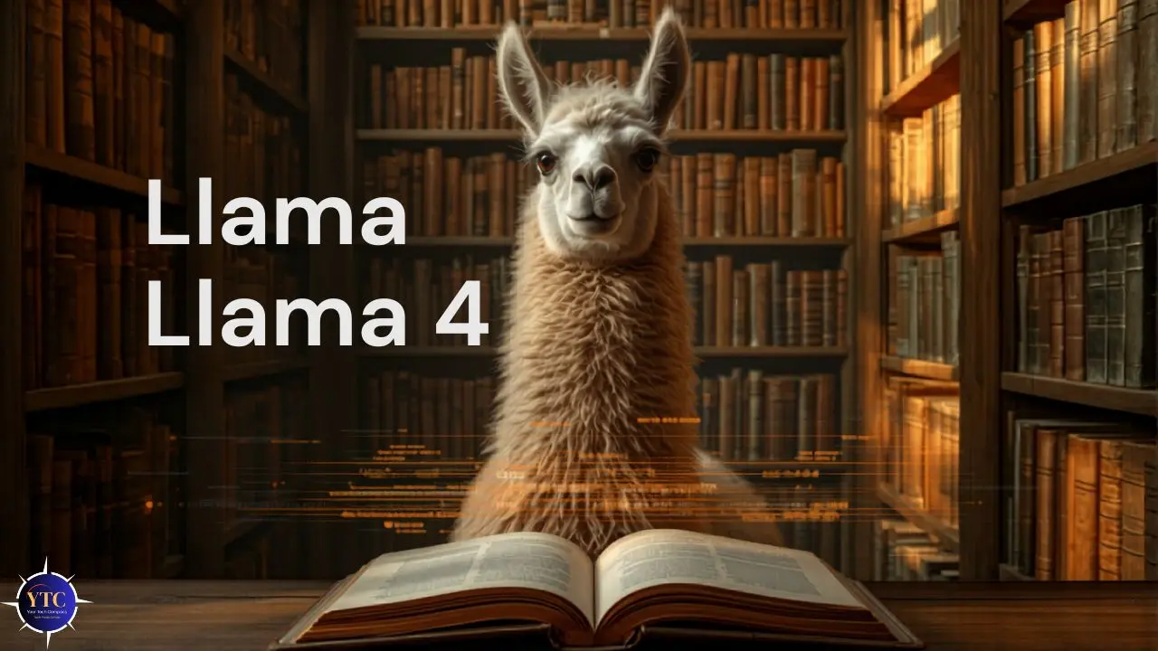A llama stands in a library, looking directly at the viewer. Books fill the shelves in the background. Text reads "Llama Llama 4." The scene conveys a whimsical and scholarly tone.