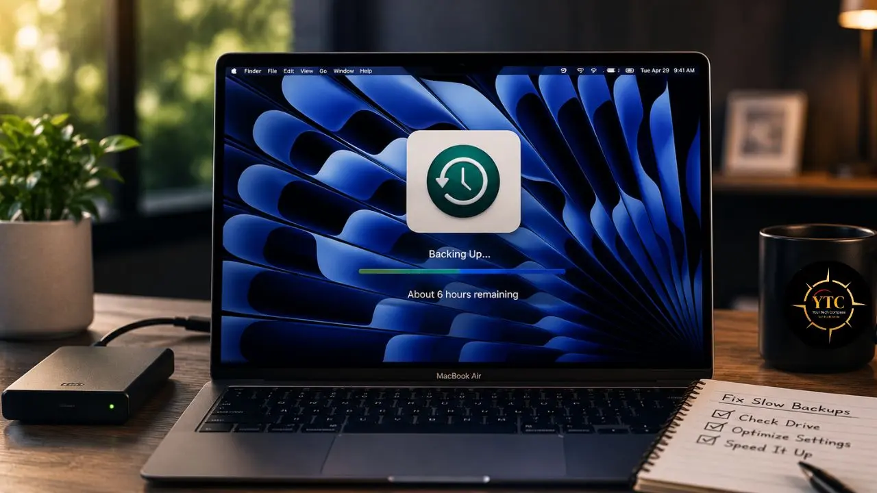 MacBook Air displaying a software backup screen with a progress bar indicating about 6 hours remaining, situated next to an external drive, a potted plant, and a notepad listing backup optimization tasks.