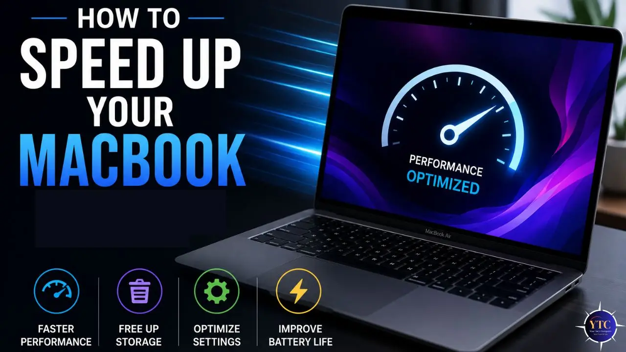 Image of an open MacBook displaying a speedometer with the words 'Performance Optimized.' Text reads 'How to speed up your MacBook' with icons for faster performance, freeing up storage, optimizing settings, and improving battery life, set against a dynamic, tech-themed background.