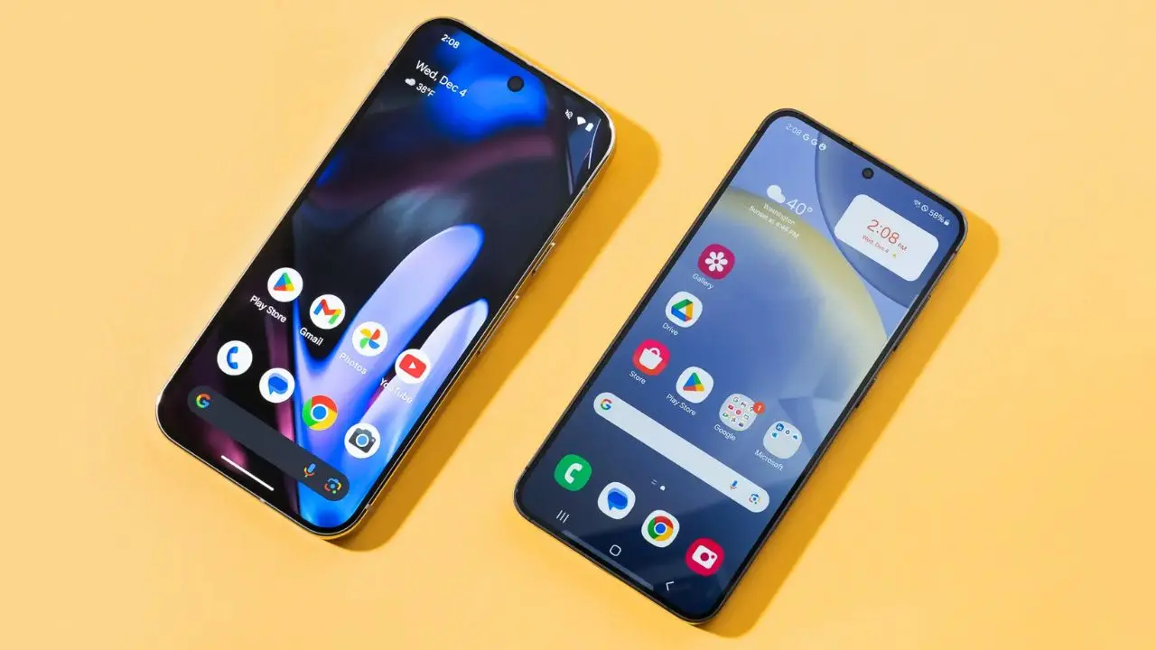 Two smartphones on a yellow background showing home screens with app icons. Both screens display colorful apps and provide a modern, sleek aesthetic.