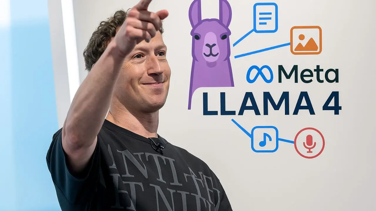 A person gestures with a smile in front of a "Meta LLAMA 4" graphic featuring a purple llama and icons for text, images, music, and voice. The mood is enthusiastic and innovative.